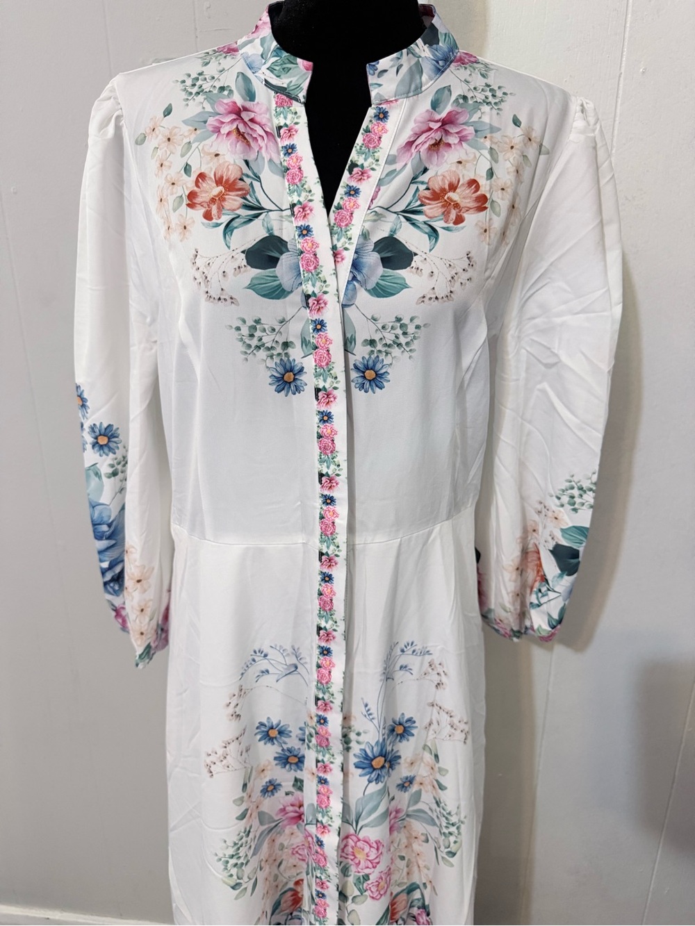 Floral-Embroidered White Maxi Dress with Pink & Blue Accents - Picture 6 of 14